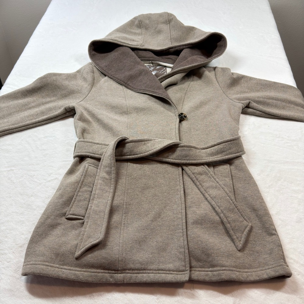 Sebby Hooded Belted Jacket Womens Medium Taupe Heather Good Fleece Trench Coat